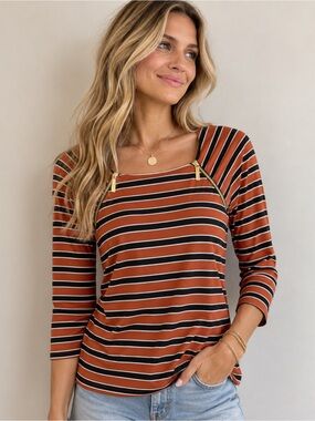 MICHAEL KORS Black & Burnt Orange Striped 3/4 Sleeve Zipper Cotton Blend Top